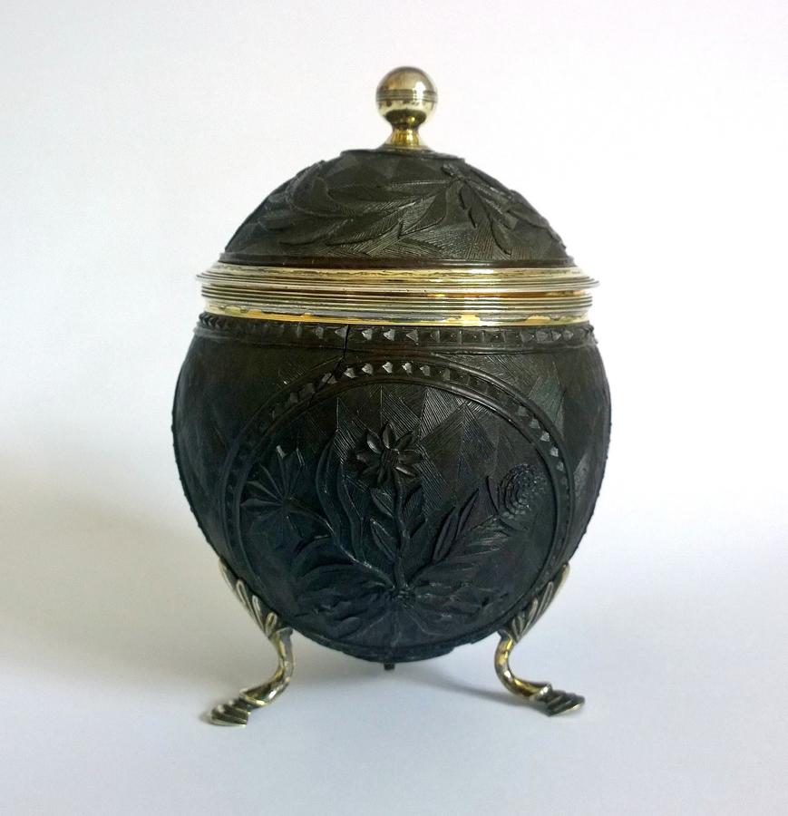 Georgian Carved Coconut Silver Tea Caddy