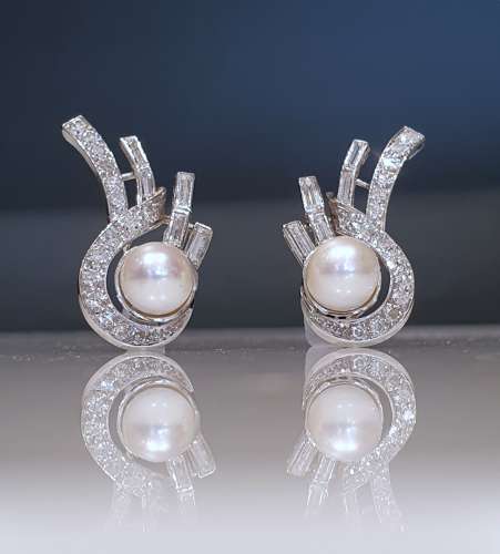 Art deco cultured pearl and diamond earrings