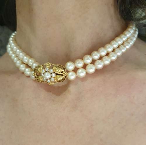 Georg Jensen gold and diamond cultured pearl choker