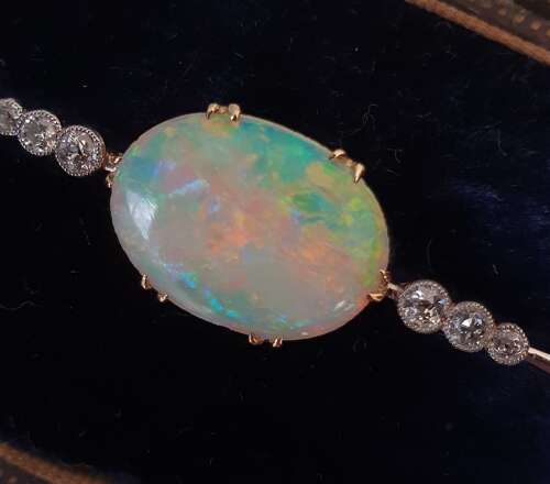 Opal and diamond bar brooch
